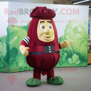 Maroon Corned Beef And Cabbage maskot kostyme karakter kledd med en vest og fotputer