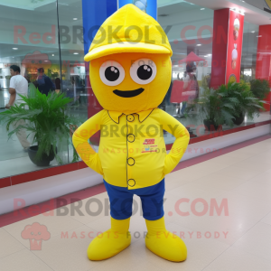 Lemon Yellow Biryani mascot costume character dressed with a Denim Shorts and Berets