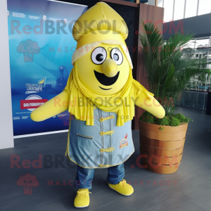 Lemon Yellow Biryani mascot costume character dressed with a Denim Shorts and Berets