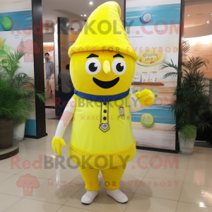 Personaje de traje de mascota Biryani amarillo limón vestido con pantalones cortos de mezclilla y boinas