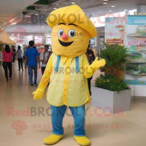 Lemon Yellow Biryani mascot costume character dressed with a Denim Shorts and Berets