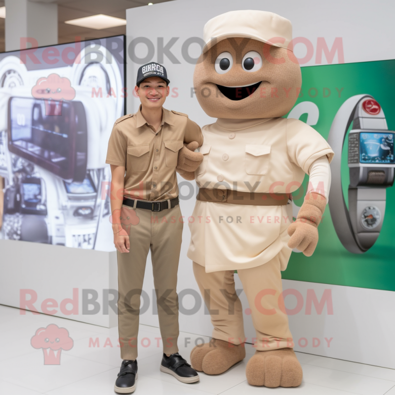 Tan Aglet mascot costume character dressed with a Chinos and Smartwatches Tan Aglet mascot costume character dressed with a Chinos and Smartwatches