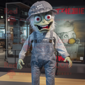 Silver Zombie mascot costume character dressed with a Dungarees and Hat pins