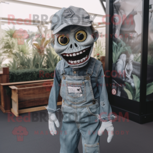 Silver Zombie mascot costume character dressed with a Dungarees and Hat pins