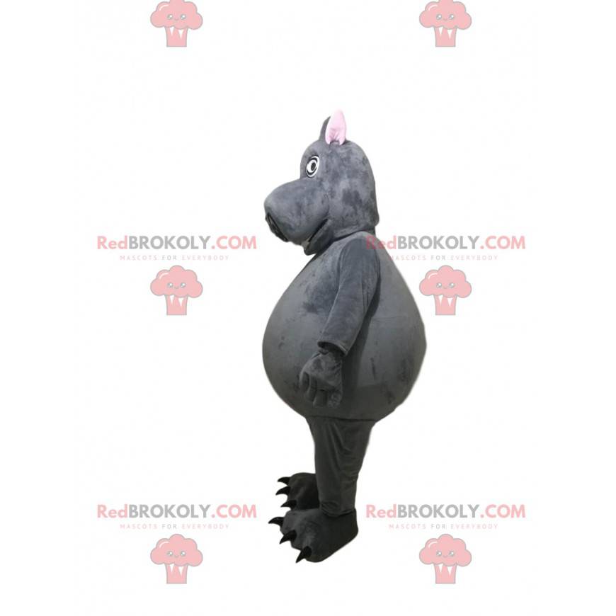 Mascotte d'hippopotame gris avec une face rigolote -