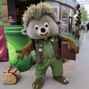Olive Porcupine mascot costume character dressed with a Overalls and Coin purses