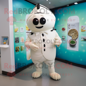 Personaje de traje de mascota de White Pepper vestido con Rash Guard y gemelos