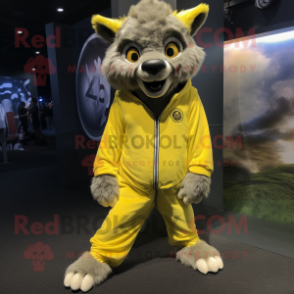 Lemon Yellow Hyena mascot costume character dressed with a Hoodie and Foot pads