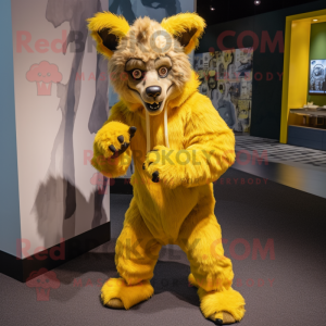 Lemon Yellow Hyena mascot costume character dressed with a Hoodie and Foot pads