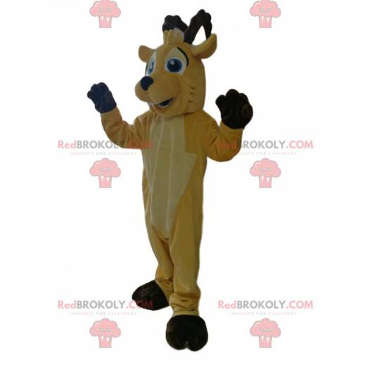 Very smiling yellow deer mascot with brown antlers. -