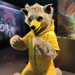 Lemon Yellow Hyena mascot costume character dressed with a Hoodie and Foot pads