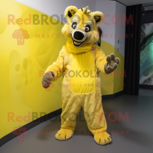 Personaje de disfraz de mascota Lemon Yellow Hyena vestido con una sudadera con capucha y almohadillas para los pies