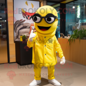 Yellow Ceviche mascot costume character dressed with a Long Sleeve Tee and Sunglasses
