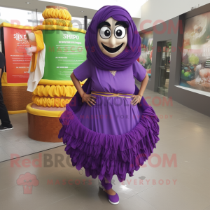 Personaje de traje de mascota Biryani púrpura vestido con una falda cruzada y cordones de zapatos