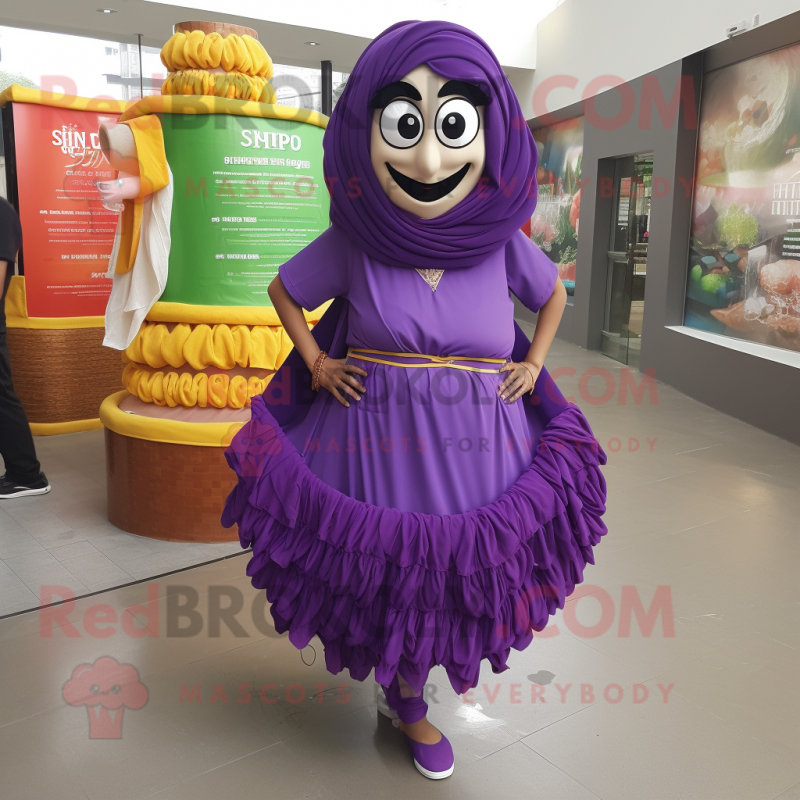 Purple Biryani mascot costume character dressed with a Wrap Skirt and Shoe laces