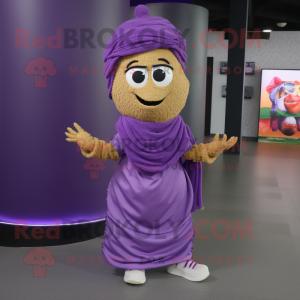 Purple Biryani mascot costume character dressed with a Wrap Skirt and Shoe laces