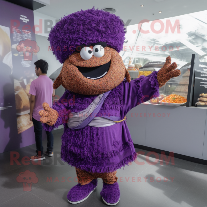 Purple Biryani mascot costume character dressed with a Wrap Skirt and Shoe laces