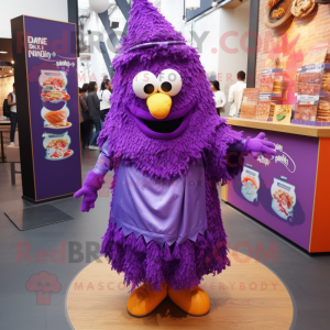 Purple Biryani mascot costume character dressed with a Wrap Skirt and Shoe laces