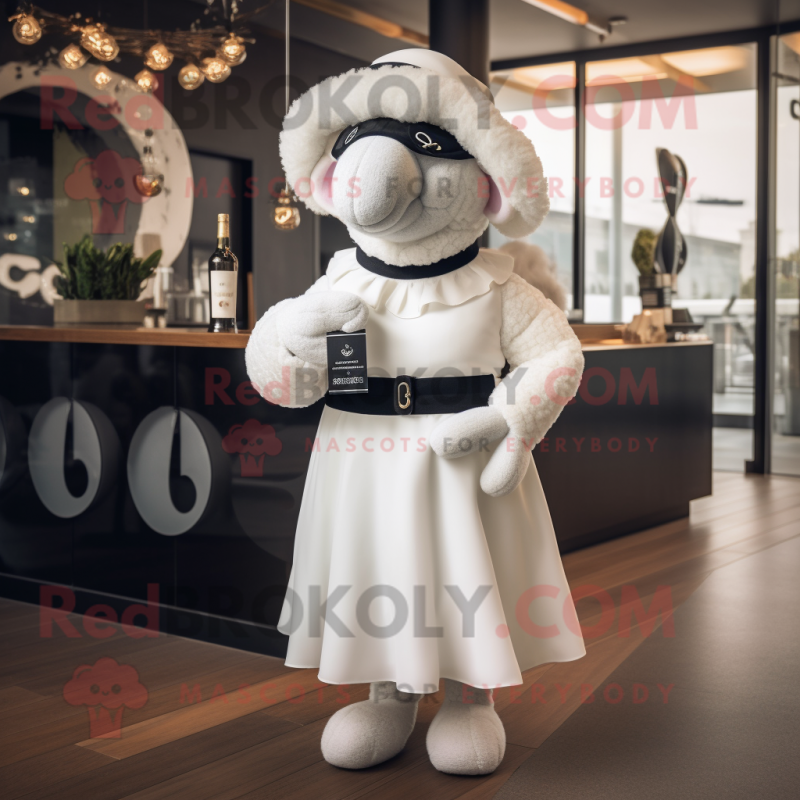 White Suffolk Sheep mascot costume character dressed with a Cocktail Dress and Berets