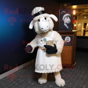 White Suffolk Sheep mascot costume character dressed with a Cocktail Dress and Berets