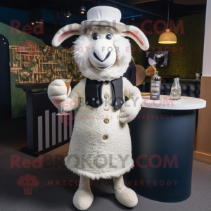 Personaje de traje de mascota White Suffolk Sheep vestido con un vestido de cóctel y boinas
