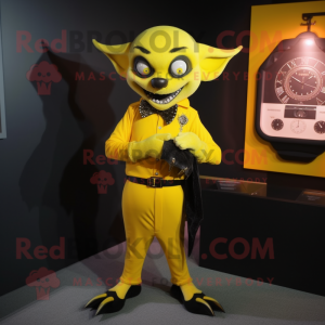 Yellow Vampire mascot costume character dressed with a Sheath Dress and Bracelet watches