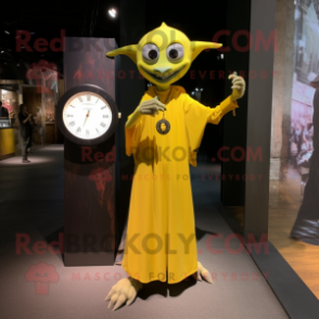 Yellow Vampire mascot costume character dressed with a Sheath Dress and Bracelet watches