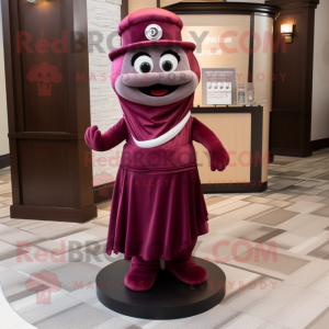 Maroon Hourglass mascot costume character dressed with a Empire Waist Dress and Headbands