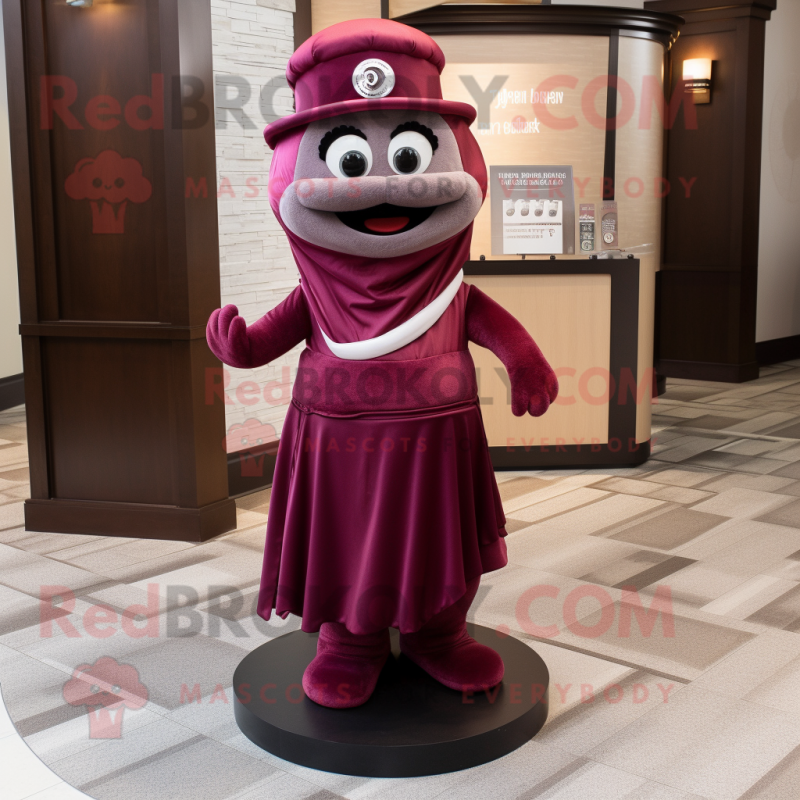 Maroon Hourglass mascot costume character dressed with a Empire Waist Dress and Headbands