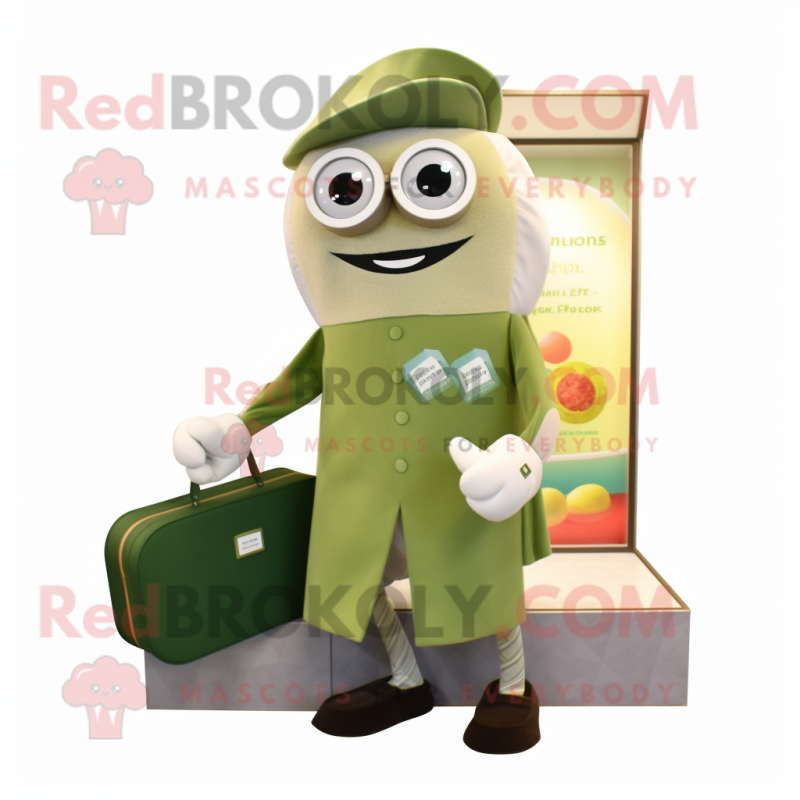 Olive Champagne mascot costume character dressed with a Capri Pants and Coin purses Olive Champagne mascot costume character dressed with a Capri Pants and Coin purses