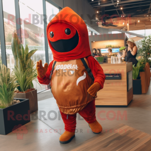 Personaje de disfraz de mascota de Rust Pepper vestido con una sudadera con capucha y mochilas