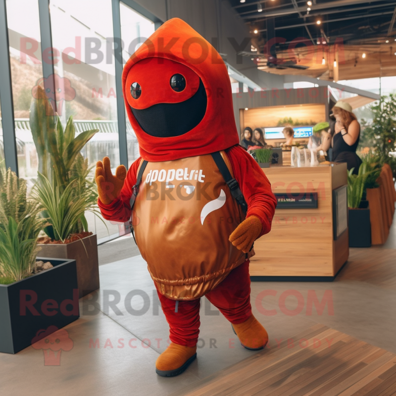 Rust Pepper mascot costume character dressed with a Hoodie and Backpacks Rust Pepper mascot costume character dressed with a Hoodie and Backpacks
