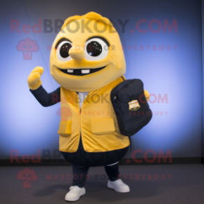 Gold Scented Candle mascot costume character dressed with a Suit Jacket and Backpacks
