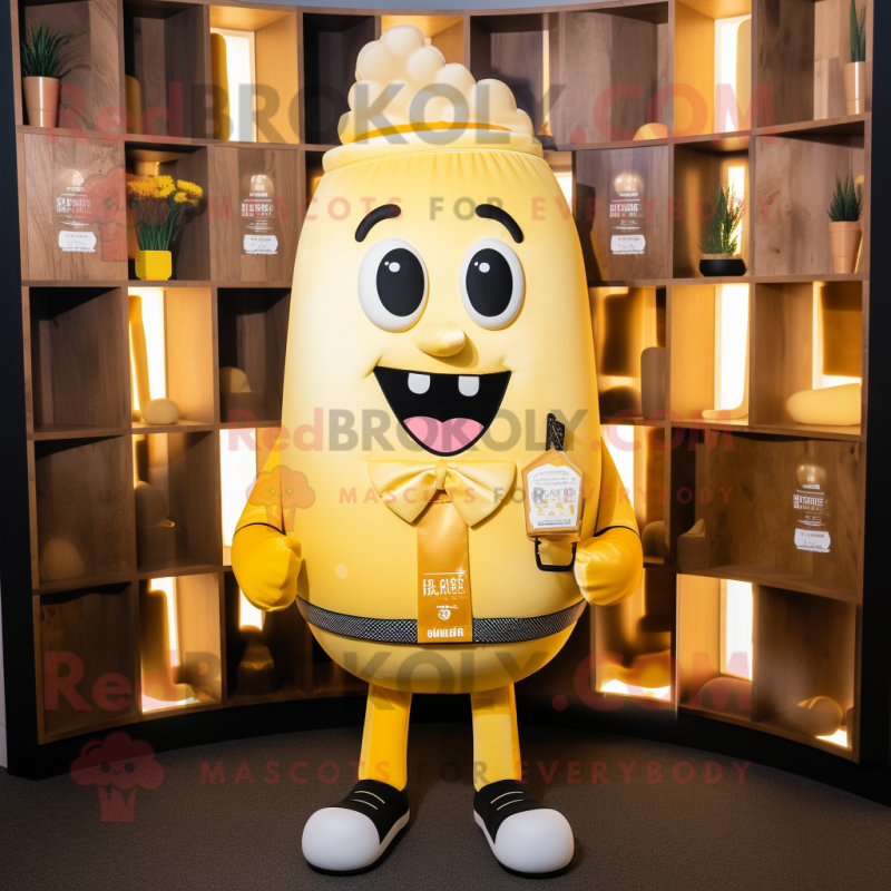 Gold Scented Candle mascot costume character dressed with a Suit Jacket and Backpacks