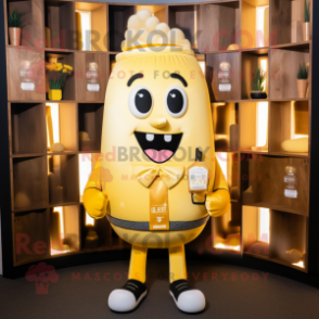 Gold Scented Candle mascot costume character dressed with a Suit Jacket and Backpacks