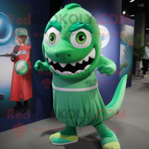 Green Barracuda mascot costume character dressed with a Ball Gown and Berets