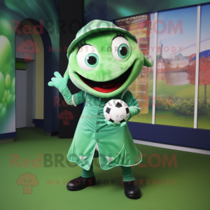 Green Barracuda mascot costume character dressed with a Ball Gown and Berets