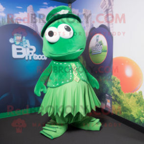 Green Barracuda mascot costume character dressed with a Ball Gown and Berets