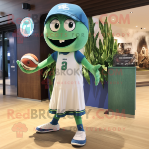 Green Barracuda mascot costume character dressed with a Ball Gown and Berets