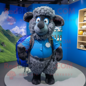 Blue Suffolk Sheep mascot costume character dressed with a Graphic Tee and Backpacks