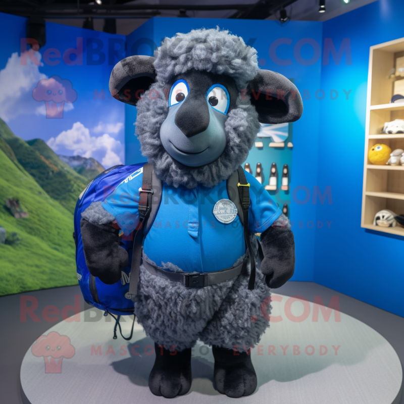 Blue Suffolk Sheep mascot costume character dressed with a Graphic Tee and Backpacks Blue Suffolk Sheep mascot costume character dressed with a Graphic Tee and Backpacks