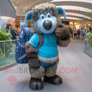 Blue Suffolk Sheep mascot costume character dressed with a Graphic Tee and Backpacks