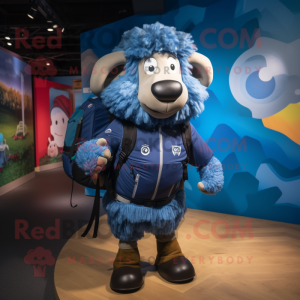 Blue Suffolk Sheep mascot costume character dressed with a Graphic Tee and Backpacks