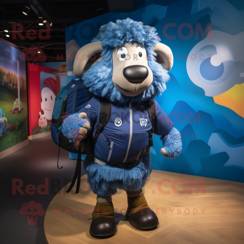 Blue Suffolk Sheep mascot costume character dressed with a Graphic Tee and Backpacks Blue Suffolk Sheep mascot costume character dressed with a Graphic Tee and Backpacks