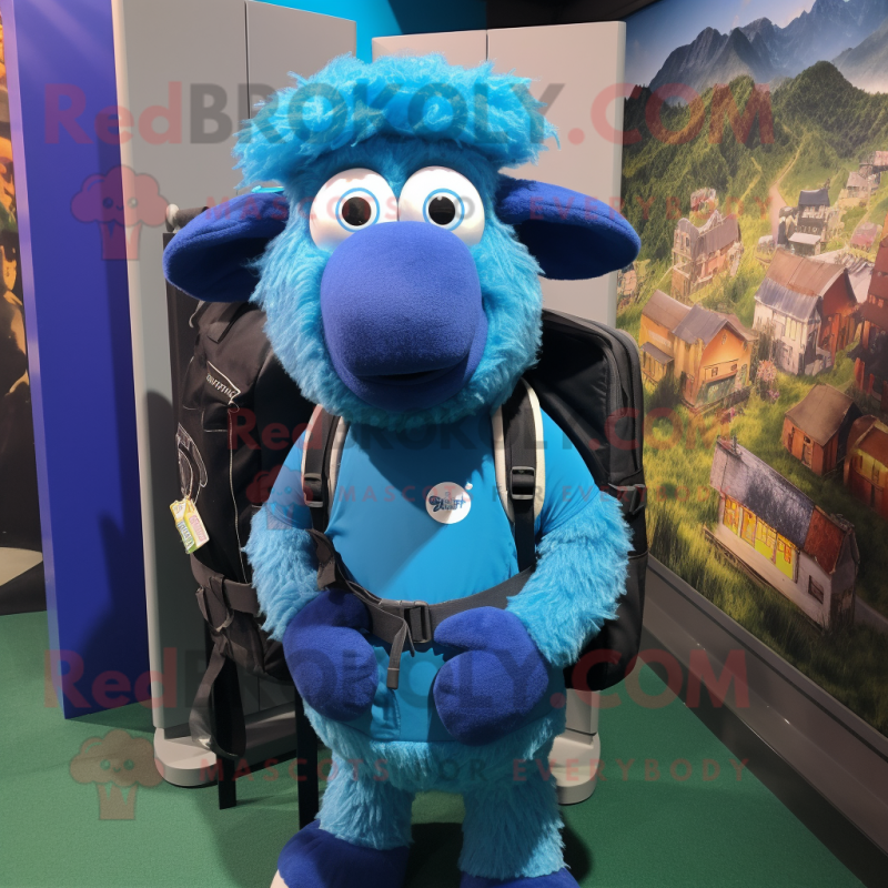 Blue Suffolk Sheep mascot costume character dressed with a Graphic Tee and Backpacks Blue Suffolk Sheep mascot costume character dressed with a Graphic Tee and Backpacks