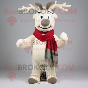 Cream Reindeer mascot costume character dressed with a Polo Tee and Scarf clips