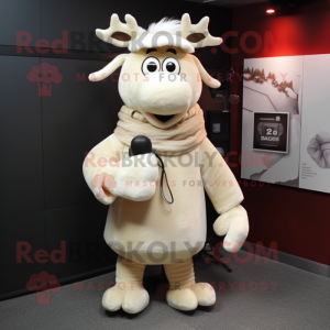 Cream Reindeer mascot costume character dressed with a Polo Tee and Scarf clips