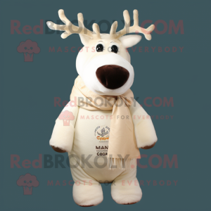 Cream Reindeer mascot costume character dressed with a Polo Tee and Scarf clips