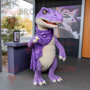 Lavender Tyrannosaurus mascot costume character dressed with a Long Sleeve Tee and Scarves