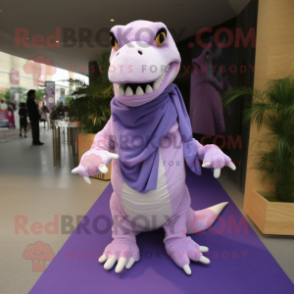 Lavender Tyrannosaurus mascot costume character dressed with a Long Sleeve Tee and Scarves